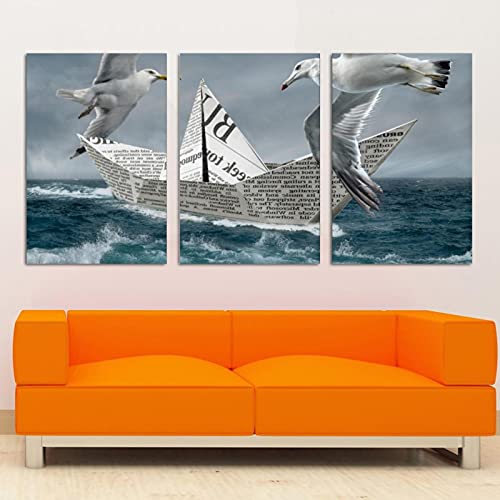 Tableau mer vague et mouettes en 3 pièces pour salon - 4