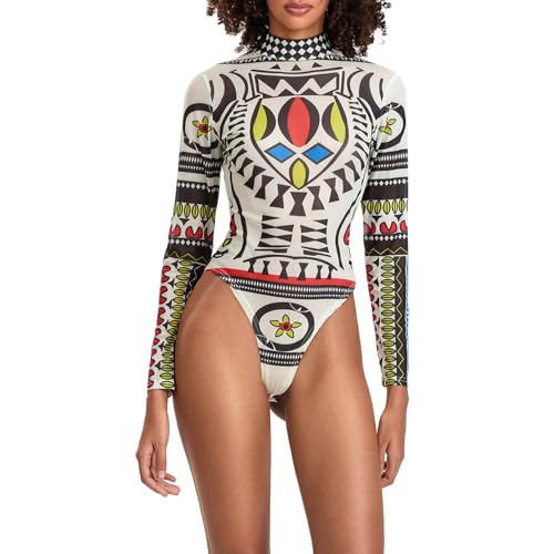 Image of Achlibe Women's Graphic Wild Print Long Sleeve Bodysuit Tops Mock Neck Graffiti Shirt Triangle Bottom Romper Jumpsuit (A-Multicolor, XL)