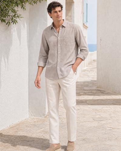 Image of Nobero Breezy Premium Linen Cotton Shirt for Men | Stylish Casual Shirts for Men | Semi Cut Collar | Box Pleat | Curved Hem | Regular Fit | Full Sleeve | S-XXXL