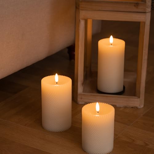 Image of Real Wax Flameless Candles LED Pillar Candles with Remote Timer Set of 3 | 3D Flame Effect Warm Flickering Glow 2 /4 /6 /8H Timer Ivory Wax Candles for Wedding, Christmas & Home Fireplace Decor
