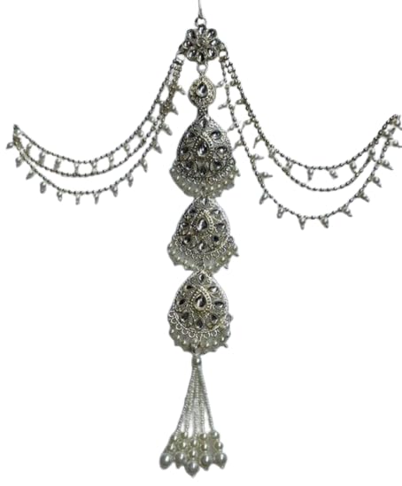 Image of Traditional Jhumar Hair Accessory, Silver Tone, Pearl Beads, Floral Design, Bridal Jewelry