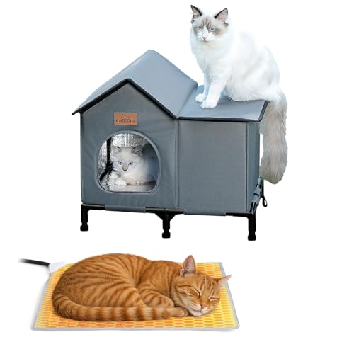 Crispedia Weatherproof Heated Cat House for Outdoor in Winter, Elevated Outdoor Cat Shelter for Feral Cat, Insulated Cat Bed for Outside Stray Cat Kitty, 20x13x16 inches, Grey, Heated