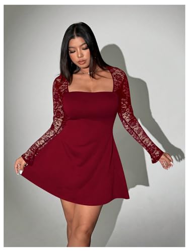 Image of Floerns Women's Plus Size Contrast Lace Sheer Long Sleeve A Line Dress Square Neck Mini Dresses