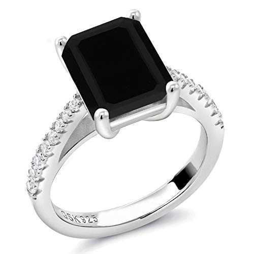 Gem Stone King 3.39 Cttw Black Onyx and White Created Sapphire Wedding Engagement Ring For Women | 925 Sterling Silver | Gemstone Birthstone | 10X8MM Emerald Cut | Available In Size 5, 6, 7, 8, 93