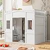 Playhouse Design Full Size Loft Bed with Built in Wardrobe and Safety Guardrail for Kids Boys Girls Solid Wood Loft Bed Frame with Ladder and Windows Space Saving White 4F Full