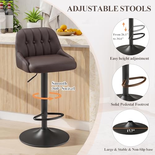 Image of MALOL Bar Stools Set of 2, Swivel Bar Chairs, Modern Adjustable PU Leather Upholstered Barstools Counter Height with Tufted Back for Bar, Kitchen Counter Island, Dining Room, Brown