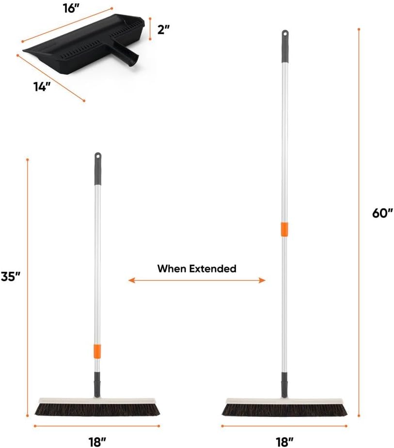 Superio 18" Horse Hair Upright Broom with Telescopic Handle & 16" Black Dustpan with Comb, Rubber Lip & Clip – Narrow Thin Dust Broom for Dog Hair – Hardwood & Tile Floor Cleaning Set – Gray/Black