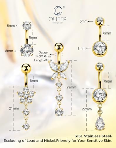 OUFER Gold Belly Button Ring – 5PCS Surgical Steel Belly Rings for Women, 14G Dangle Navel Piercing Jewelry Piercing Nombril with CZ Butterfly Flower Teardrop Barbell for Beach Festival - 3