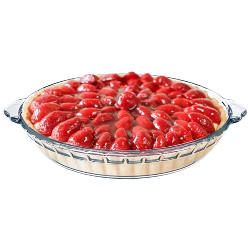 FEOOWV 1 Pack Round Glass Pie Pans for Baking Round Baking Dishes with Handles for Apple Pie Pumpkin Pie Salads (Clear 10in)