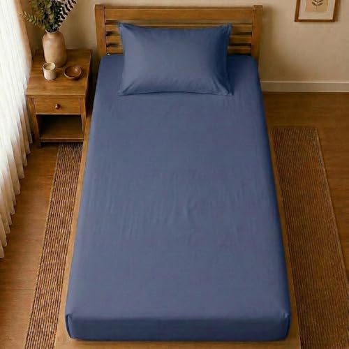 Image of Linen Home Cotton Percale Fitted Bedsheet Set Single Size Dark Blue