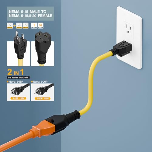 1-Foot 15 Amp Household AC Plug to 20 Amp T Blade Adapter Cable， Nema 5-15P to 5-15R/5-20R AC Power Cord, Yellow by DEALTUS - Image 8