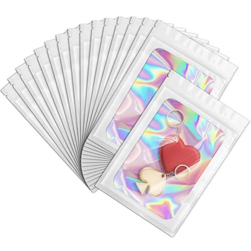 ANZNKU 100PCS Holographic White Mylar Bags, Resealable Smell Proof 5.1x8.3