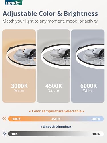 Image of LEDIARY Ceiling Fans with Lights, 23 inch Low Profile Flush Mount Ceiling Fan, Dimmable LED, APP & Remote Control, Quiet Reversible DC Motor, 6 Speeds, Fandelier for Bedroom, Black