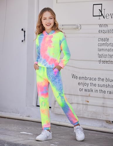 Flypigs Girls 2 Piece Outfits Tie Dye Tracksuits Pullover Sweatshirts and Sweatpants with Pockets Casual Sweatsuits Sets2