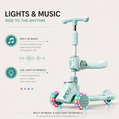 Image of Multi-Functional 2 in 1 Kids Kick Scooter with Foldable Seat | Adjustable Handlebar | PU LED Flashing 3 Wheels | for Boys & Girls Age 3-14 Years (KS-110 Seafoam Green)