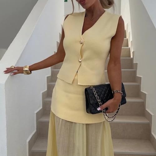 Image of FindThy Women's Cropped Knit Vest V Neck Button Up Solid Color Sleeveless Gilet Tank Tops