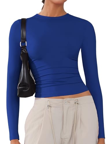 Women's Soft Long Sleeve Shirts Crew Neck Tops Basic Tees Stretchy Going Out Crop Tops Y2K Slim Fit T-Shirts Royal Blue M