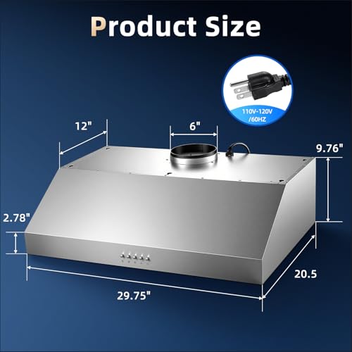 Image of Tiesay 30 Inch Under Cabinet Range Hood 900 CFM with Ductless Convertible Duct Kitchen Hoods, 3-Speed Adjustable, Dishwasher Safe Baffle Filters, LED Lights, Stainless Steel, Button Control
