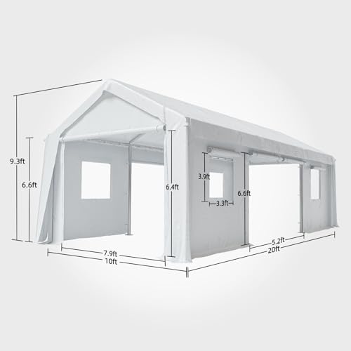 Image of 10x20FT Heavy Duty Carport Canopy 4 Roll-Up Doors & 4 Windows Portable Garage All-Season Outdoor Storage Shed for Car Truck Boat Shelter Party Tent, White