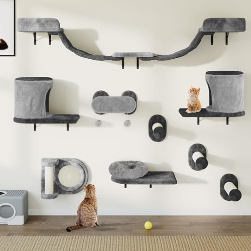 YITAHOME 11-Teiliges Stabiler Kletterwand Katzen Set aus Flanell, Katzenmöbel mit Katzenhaus, Katzenkratzbrett, Katzenhängebrücke, Katzenbett, Sisalsäule für Katze Schlafen Spielen Lounging