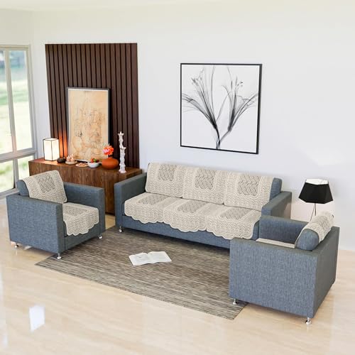 Image of Kuber Industries Sofa Cover | Net 5-Seater Sofa Cover | Sofa Slipcover for Living Room, Home Decor | 10 Pices | Zig Zag Print-Cream
