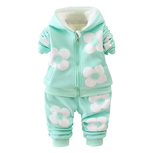 Girl Autumn Winter Clothes Long Sleeve Floral Zipper Hoodie Wool Lined Jacket Pants Toddler Warm (Mint Green, 3-4 Years)