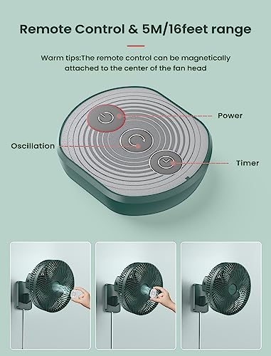 Ventilador oscilante de montagem na parede de 25 cm com controle remoto e temporizador, ventilador p