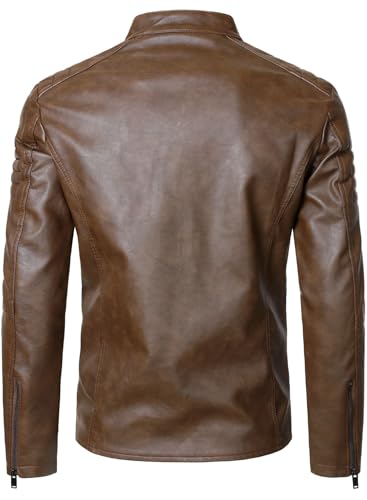 HOOD CREW Men&rsquo;s Faux Leather Motorcycle Jackets Stand-up Collar Leather Jacket Vintage Coats Outwear Brown L