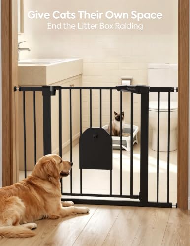 Image of Babelio 36 inch Tall Baby Gate with Adjustable Cat Door, CatPrivilege I, 29-43 inch | Auto Close, Safety Gate for Stairs, Easy Walk Thru with Pet Door, Includes 4 Wall Cups and 3 Extension Pieces, Black