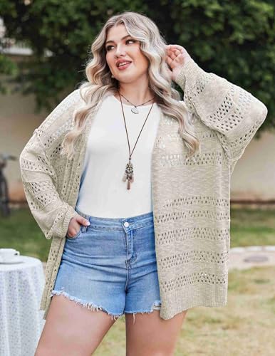 Image of IN'VOLAND Womens Plus Size Crochet Cardigan Lightweight Long Sleeve Open Front Oversized Boho Sweaters Kimonos