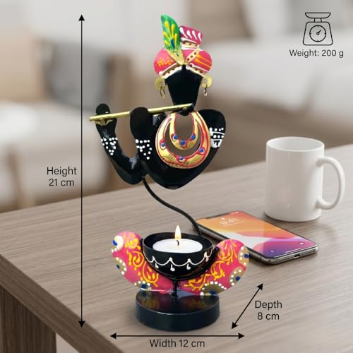 Image of Krishna Tea Light Candle Holder Stand, Blue Metal Diya Table Showpiece for Corporate Bulk Gifting, Festive Home Mandir Decor and Wedding Gift Item (29x17x9 CM)