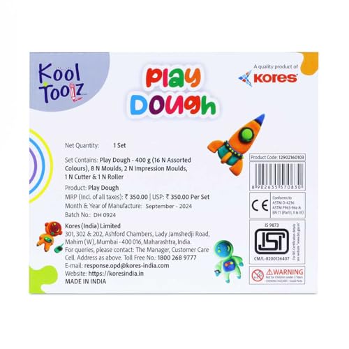 Image of Kores Play Dough - 400 g (16 Shades) | Non-Toxic Soft Modelling Clay with 8 Moulds, 2 Impression Moulds, 1 Cutter & 1 Roller |Creative Art Set for Kids | Fun Learning & Sensory Play Bucket
