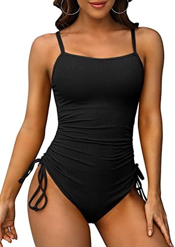SOCIALA Ribbed One Piece Swimsuits for Women Tie Side High Cut Bathing Suits Padded Monokinis Black Small