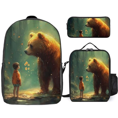 3 Piece Backpack for Women Men Lightweight Causal Daypack Shoulder Bag Set with Insulated Lunch Bag And Pencil Case Organizers Snow Covered