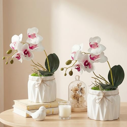 Image of Dekorly Artificial Lavender Plant in White Pot, 18cm - Realistic Faux Flower Arrangement for Home & Office Decor (Set of 1) (2, White Orchid)