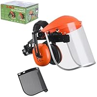 GUARDLEAD Gesichtsschutz und Gehörschutz Kombination, 2 in1 Visier mit klappbarem Polycarbonatvisier und Maschenvisier, verstellbarer Schutzschild für Gartenarbeit und industriellen Lärm