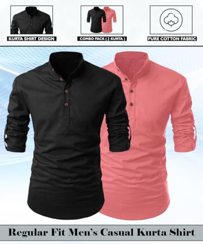 Image of FINIVO FASHION Combo of Men's Cotton Blend Solid Regular Fit Full Sleeve Straight Short Kurta Shirt, Casual and Formal Wear