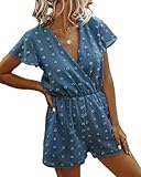 BTFBM Women 2024 Summer Fashion V Neck Wrap Rompers Swiss Dot Pocketed Elastic Waist Short Sleeve Beach Shorts Jumpsuit(Dark Blue, Large)
