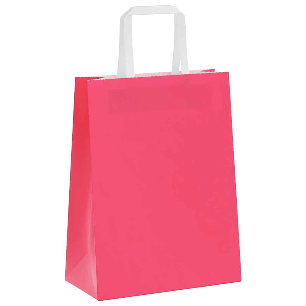 Torby papierowe kraft 250 szt. z różowymi uchwytami 21 x 11 x 28 cm, trwałe i nadające się do recyklingu torby na prezenty i zakupy, na imprezy, zakupy i odpady