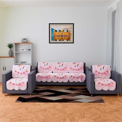 Image of Kuber Industries Sofa Cover | Net Sofa Slipcover Set | Sofa Cover for Living Room | Sofa Slip Cover for Hall | 5-Seater Sofa Cover for Home Decor | Printed Sofa Cover Set | Pink