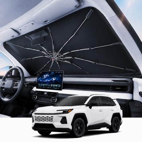 REEVAA 2026 Upgraded Windshield Sun Shade Umbrella [100% Sun Protection & Keep Cool] Protect Interior, 360° Flex Handle Sun Shield Sunshade for Toyota RAV4 2019-2026, Z2