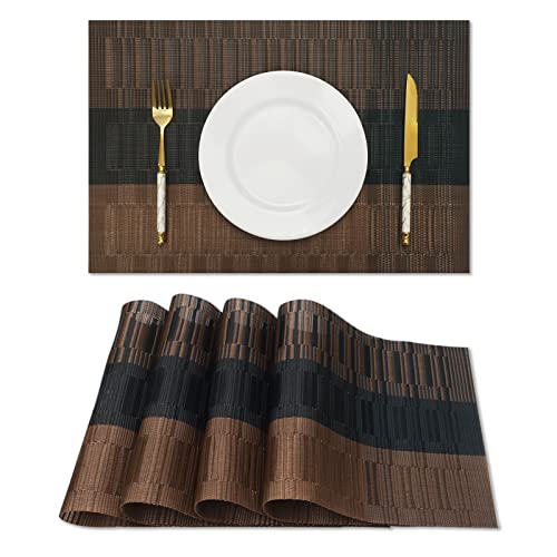 HeloHo-Brown-Black-Placemats-Set-of-4-Washable-Place-Mats-Vinyl-Woven-Table-Mats-Wipeable-Placemat-for-Kitchen-Dining-Table-Decoration-Indoor-Outdoor HeloHo Brown Black Placemats Set of 4 Washable Place Mats Vinyl Woven Table Mats Wipeable Placemat for Kitchen Dining Table Decoration Indoor Outdoor