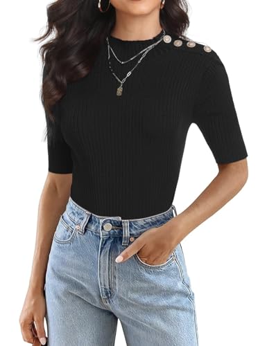 PrettyGuide Women's Short Sleeve Sweater Tops Mock Neck with Button Pullover Slim Fit Casual Business Knit Basic Top