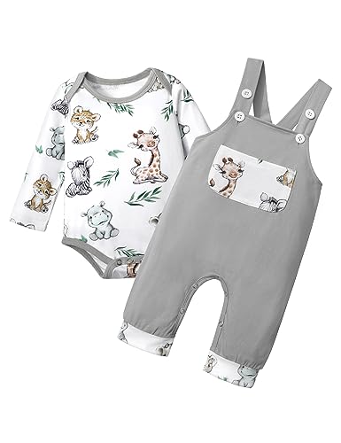 Image of BAVADER Baby Boy Clothes Long Sleeve Animal Plaid Romper + Overalls Infant Boy Clothes 2PCS Fall Winter Outfits