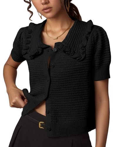 Watashi Womens Short Sleeve Cardigan Casual Button Down Ruffle Collared Lightweight Knittwear Summer Sweater Top