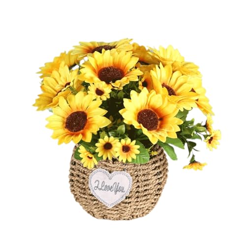 ZJTHY Seda Flores de Girasol Artificiales con Canasta de Flores Flores Falsas realistas 13 Flores de Plantas Falsas Artificiales de cámara