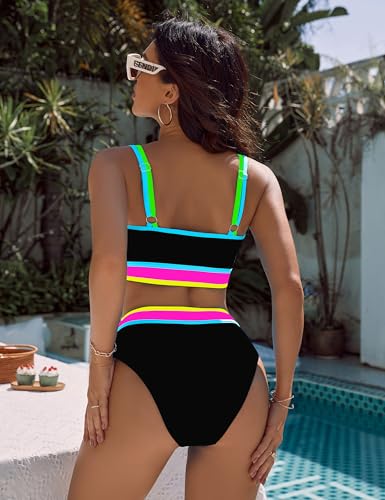 Image of BMJL Women's High Waisted Bikini Sets Sporty Two Piece Swimsuits Color Block Tummy Control Modest Bathing Suit