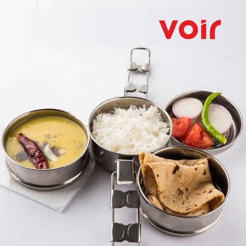 Image of Voir Stainless Steel Lunch Box /Tiffin with Locking Clip, Hot & Cold, Compact & Durable, Perfect for Office, School, Picnic and Travel use - Size 4x3 inches (3 Tier - 1200ml Capacity)