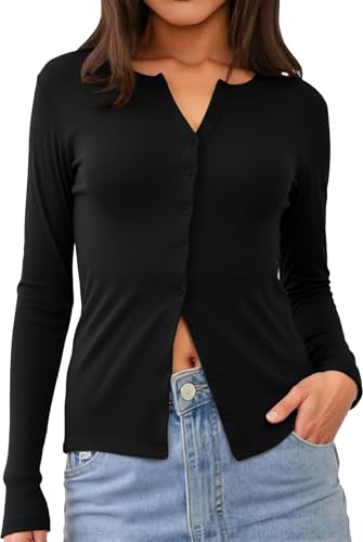 Women Long Sleeve Button Down Lightweight Cardigan Regular Length Ribbed Knit Shirts Basic Tops 2025 Fall XS-XL