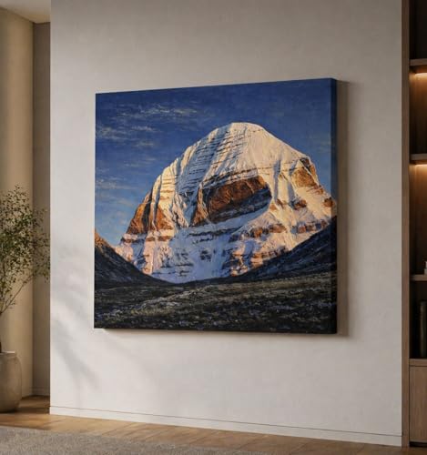 Image of Kunj Cart Mount Kailash Painting | 10+ DESIGNS | Kailash Parvat Canvas Painting for Living Room, Temple Home & Office Wall Decoration (Kailash Mountain Photo, 12x12 Inch, Framed)